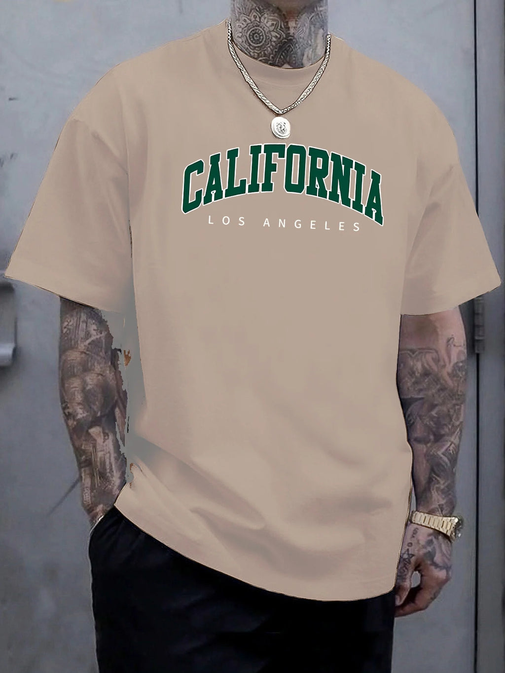تيشيرت صيفي رجالي قطني 100%، فضفاض، رياضي، مطبوع عليه حرف كاليفورنيا كبير، مريح، بياقة دائرية وأكمام قصيرة