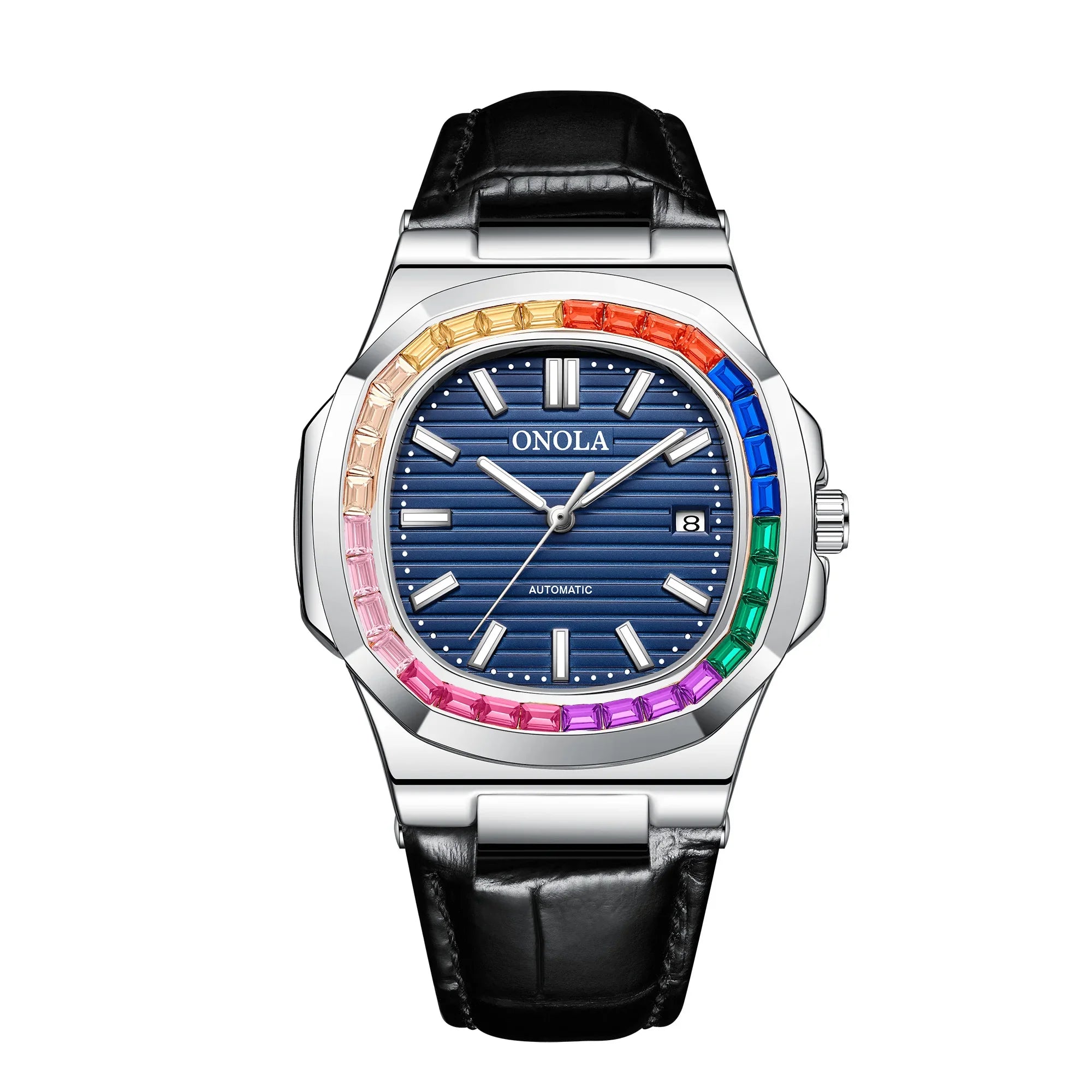 ساعة يد ONOLA للرجال والنساء ميكانيكية أوتوماتيكية بالكامل مرصعة بالألماس الملون، مصنوعة من الجلد المقاوم للماء