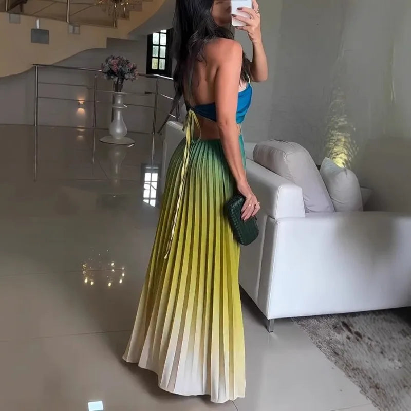 2025 Women Summer Party Dress Elegant Sleeveless Backless Halter Hollow Out Folds Long Dress Ceremoney Birthday Evening Dress