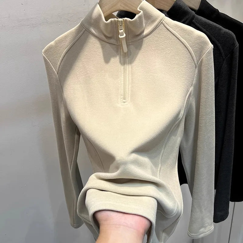 بلوزة نسائية بأكمام طويلة وياقة قائمة وسحاب شبه مرتفع مع طبقة أساسية من الصوف لفصل الخريف والشتاء