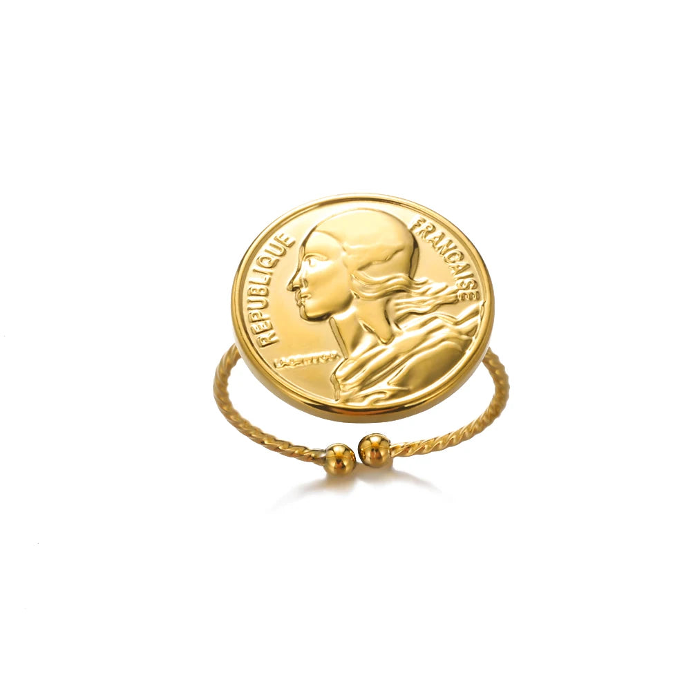 خاتم عملة معدنية من الفولاذ المقاوم للصدأ بلون ذهبي، سطح عريض، تصميم بيضاوي، إكسسوارات مجوهرات أنيقة وعصرية للنساء، هدية مثالية.