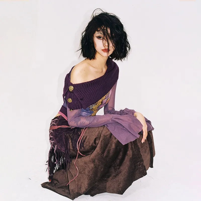 Karrcat Japanese Y2k Off Shoulder Top Grunge Aesthetics Knitted Mesh Top Vintage Trashy 2000s Flare Sleeve Purple T Shirt Gothic