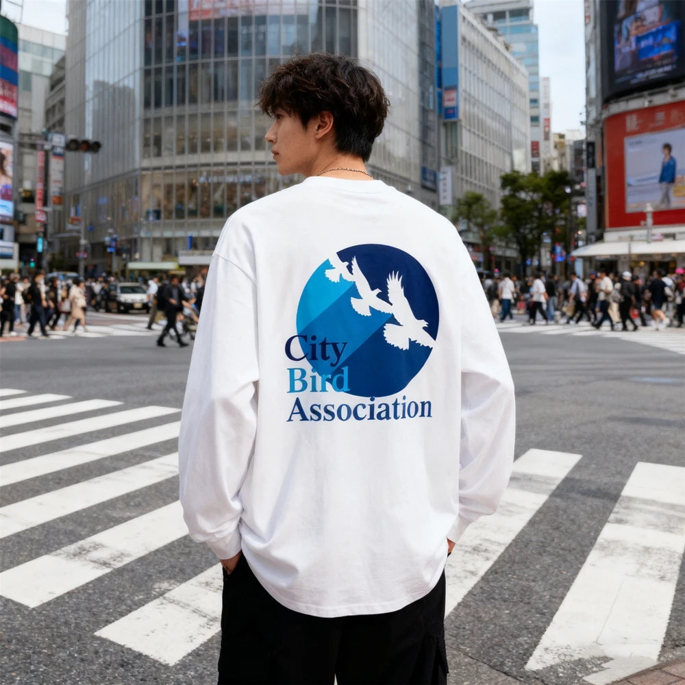 KUCLUT 300GSM 1:1 Japanese Style Streetwear Best Quality Printed Long Sleeves Tee Oversize Loose Tops Casual T Shirt Men Woman