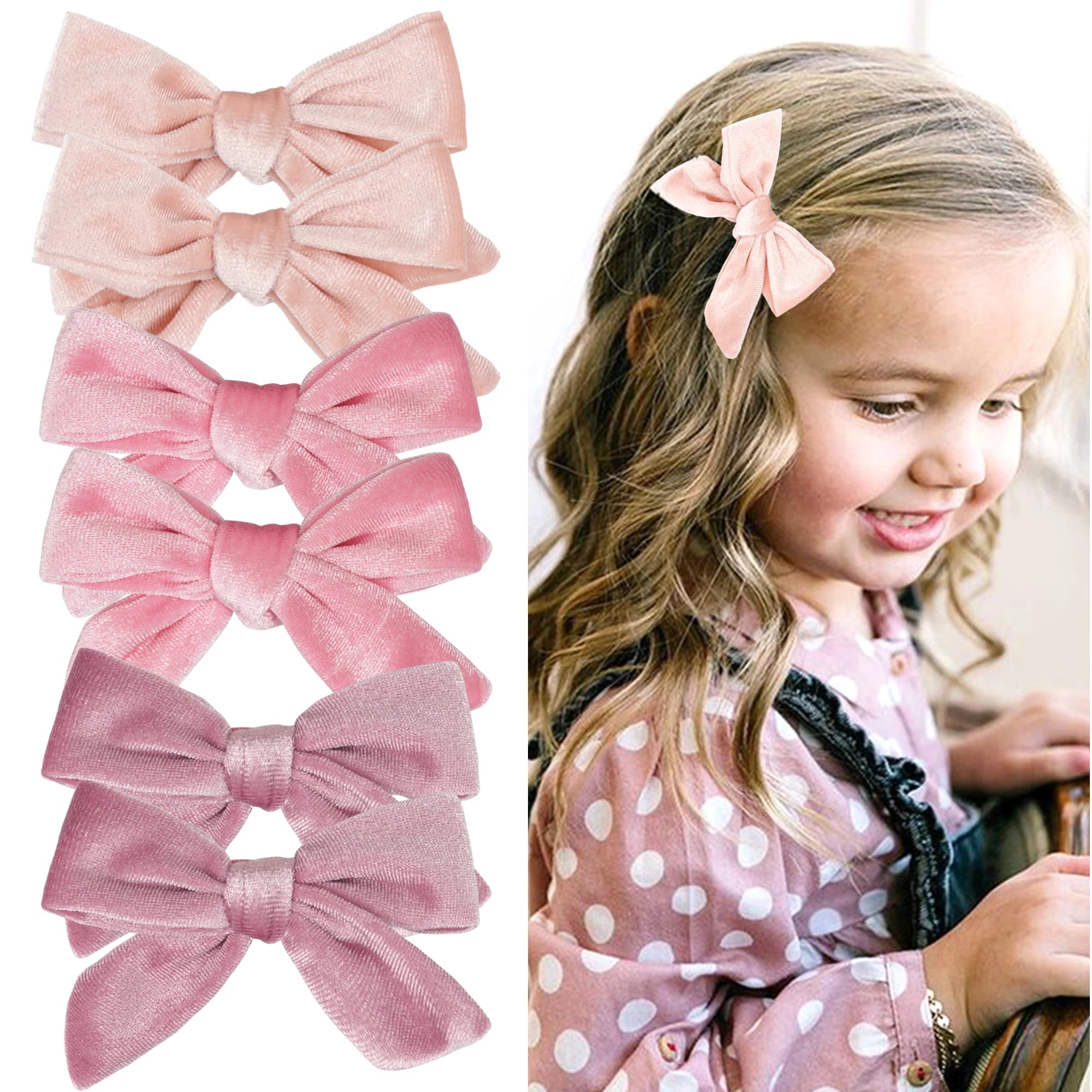 ٦ قطع/٣ أزواج من مشابك شعر مخملية على شكل فيونكات شعر للبنات الصغيرات، فيونكات شعر معدنية ٤ بوصة، مشابك شعر، إكسسوارات شعر للبنات الصغيرات