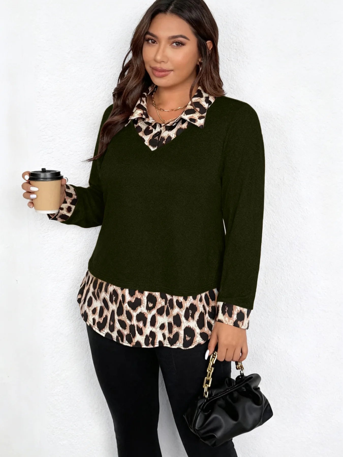 American Style Hot Girl Leopard Print Collar Long Sleeve T-Shirt Women's Spring New Slim Fit Base Layer Top