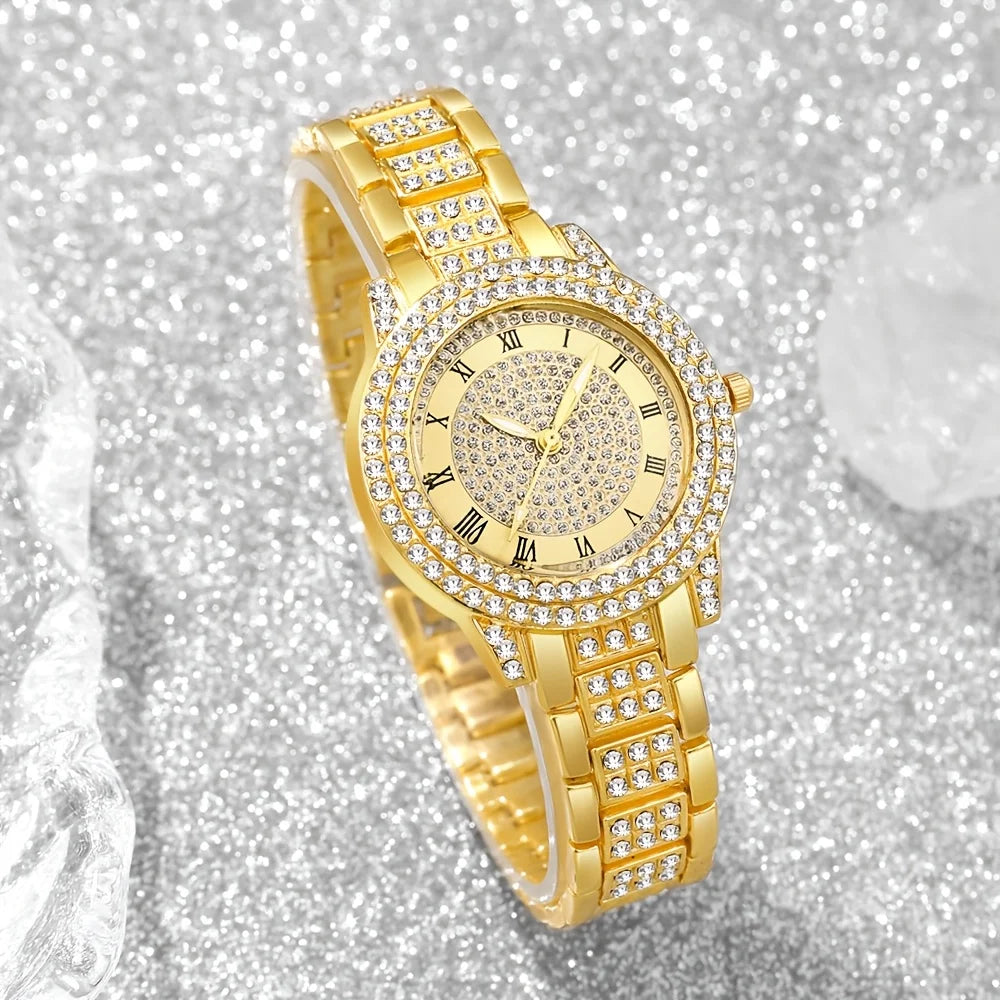 طقم مجوهرات ساعات نسائية أنيقة مكون من 6 قطع، ساعة كوارتز مرصعة بأحجار الراين، هدية مثالية للفتيات (بدون علبة)