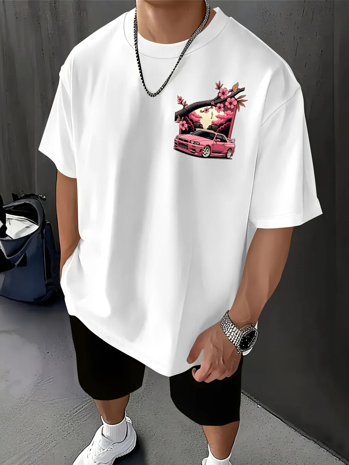 تيشيرت رجالي ياباني برسومات سباقات، تيشيرت ساكورا موتورسبورت، تيشيرت فضفاض بطبعة أزهار الكرز، تيشيرت مطبوع من الخلف، مناسب لفعاليات الانجراف، ملابس الشارع