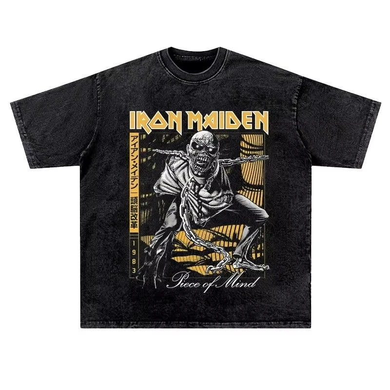 تي شيرت رجالي ونسائي عتيق من LRON Maiden Iron Lady Rock Washed بتصميم هيب هوب أمريكي عتيق بأكمام قصيرة ونصف عصرية