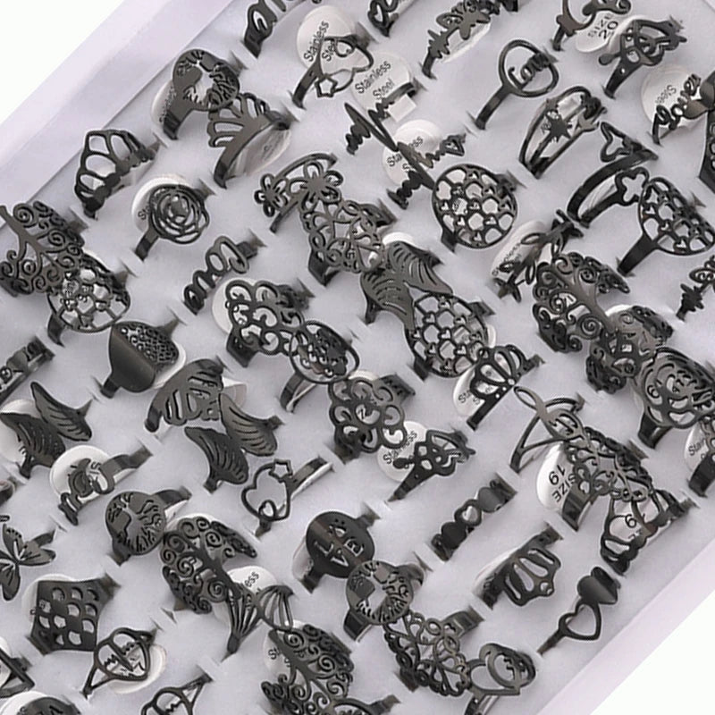 ١٠٠ قطعة من الخواتم المنقوشة المصنوعة من الفولاذ المقاوم للصدأ للرجال والنساء، مجوهرات أنيقة، هدية، خواتم على شكل زهرة مجوفة، بيع بالجملة