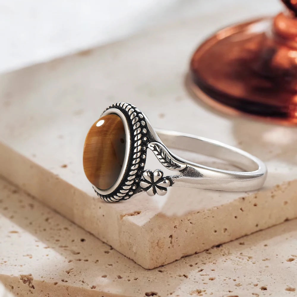 خواتم فضة إسترليني عيار 925 بتصميم عتيق، مرصعة بحجر عين النمر الطبيعي على شكل زهرة، مقاس 8×10 مم، مناسبة للرجال والنساء.