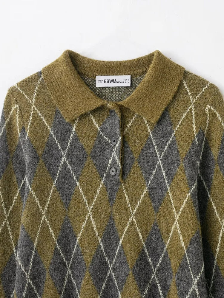 سترة كارديجان قصيرة محبوكة بنقشة ماسية وياقة بولو للخريف للنساء بأزرار مزخرفة سترة نسائية كاجوال