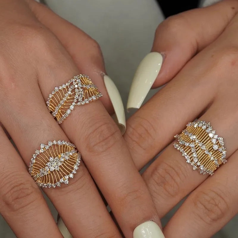 خاتم نسائي أنيق بتصميم دانتيل فرنسي عتيق مرصع بالكريستال، قابل للتعديل، مصنوع من الفولاذ المقاوم للصدأ، مناسب للحفلات، وإكسسوارات مجوهرات، هدية.