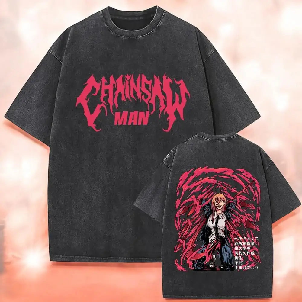 تي شيرت Chainsaw Man X Reze Devil T-Shirt بغسيل حمضي كبير الحجم من الرسوم المتحركة Mange للرجال والنساء ملابس الشارع الكلاسيكية بأكمام قصيرة للرجال والنساء