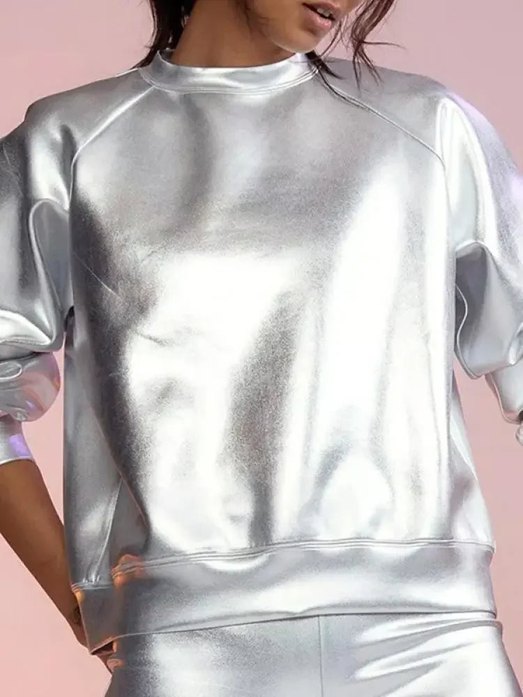2024 جديد الخريف المرأة سترة البلوز الفضة بسيطة عارضة قميص الشارع الإناث طويلة الأكمام قمم تي شيرت