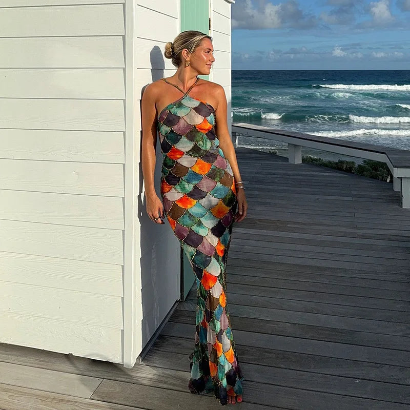 2025 Spring Summer Women Sexy Long Halter Dress Sleeveless Backless Hip Package Print Party Dresses Lady Shiny Robes New