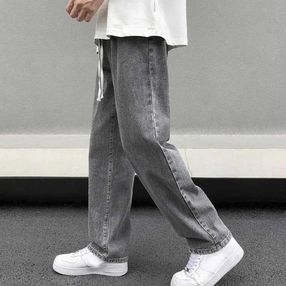 Elastic Waist Men's Casual Jeans Loose Fit Wide Leg Denim Trousers Straight Leg Basic Design Wide Leg Pants Street Fashion