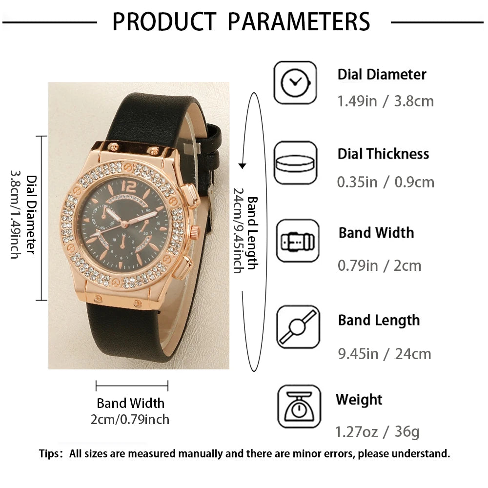 طقم نسائي أنيق مكون من 6 قطع: ساعة، سوار، خاتم، وأقراط، هدية مثالية للأعياد وأعياد الميلاد.