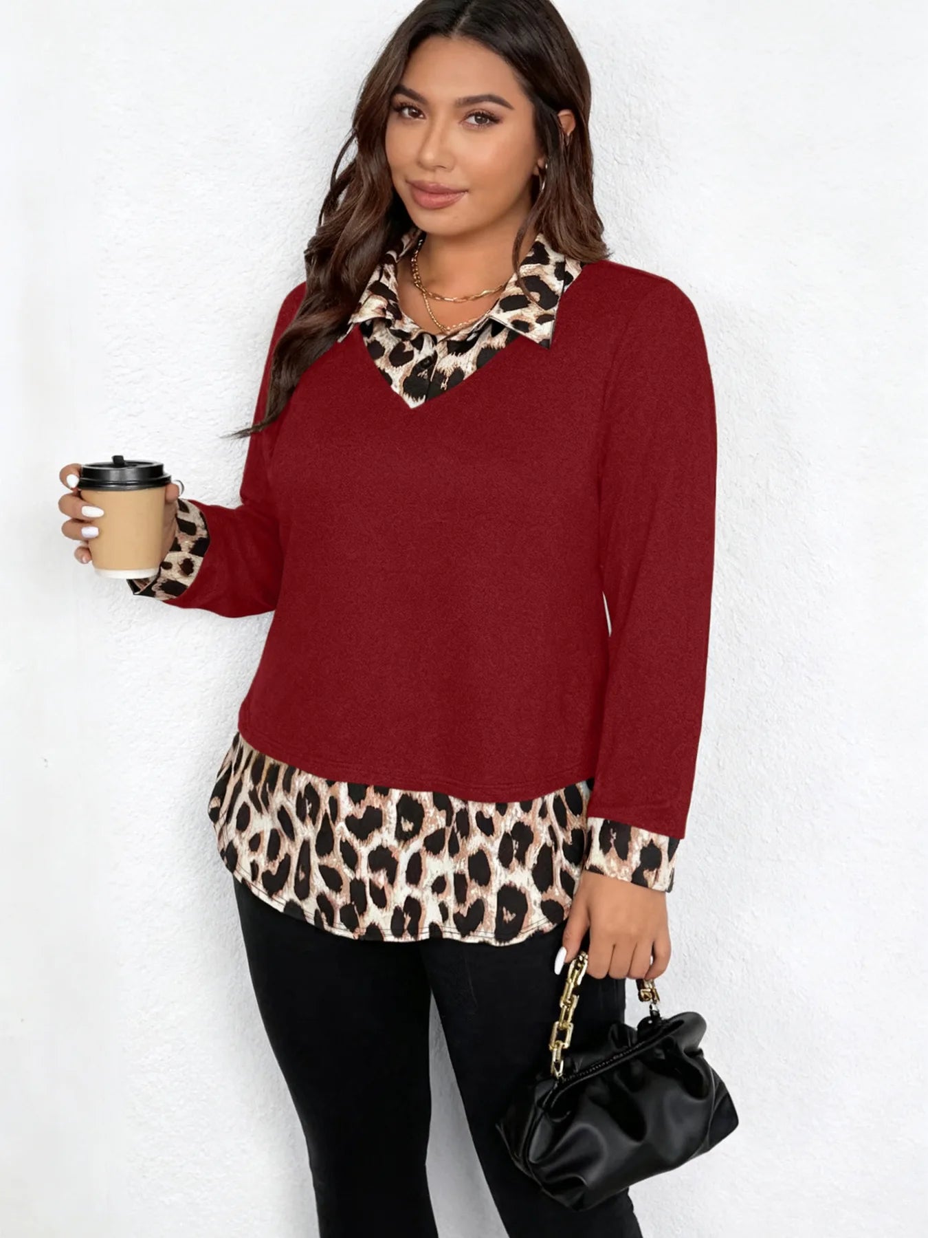 American Style Hot Girl Leopard Print Collar Long Sleeve T-Shirt Women's Spring New Slim Fit Base Layer Top