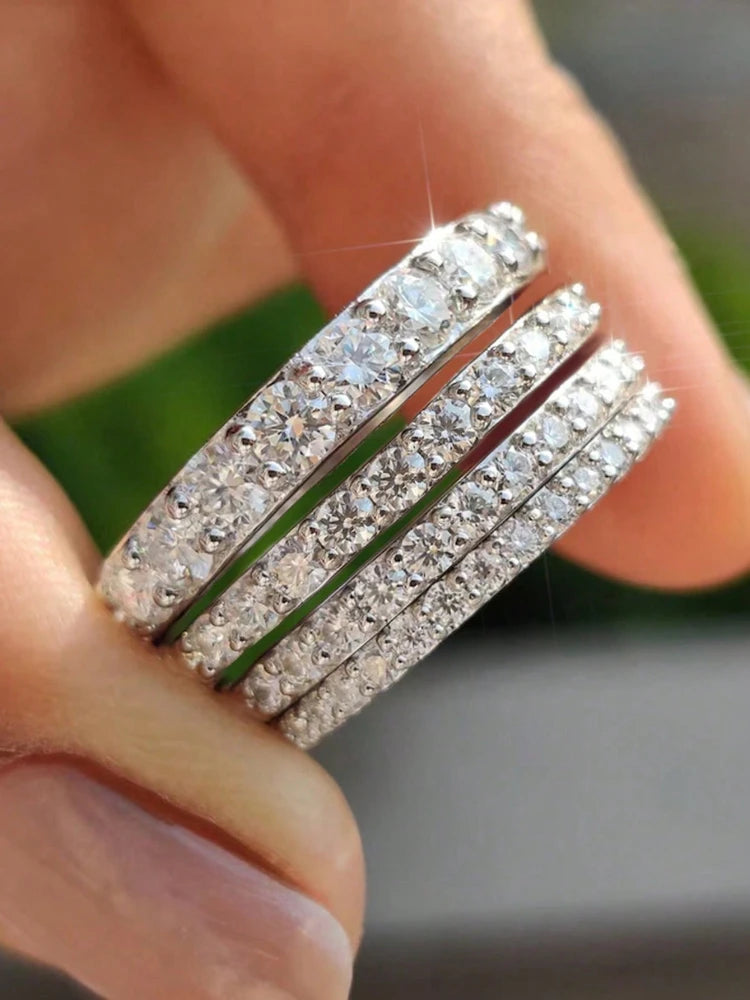 خاتم فضة إسترليني عيار 925 فاخر وأنيق مرصع بالكامل بالزركون، متوفر بأحجام 1.4 مم، 1.6 مم، و1.8 مم، مناسب للنساء لحفلات الخطوبة والزفاف، مجوهرات راقية عالية الجودة