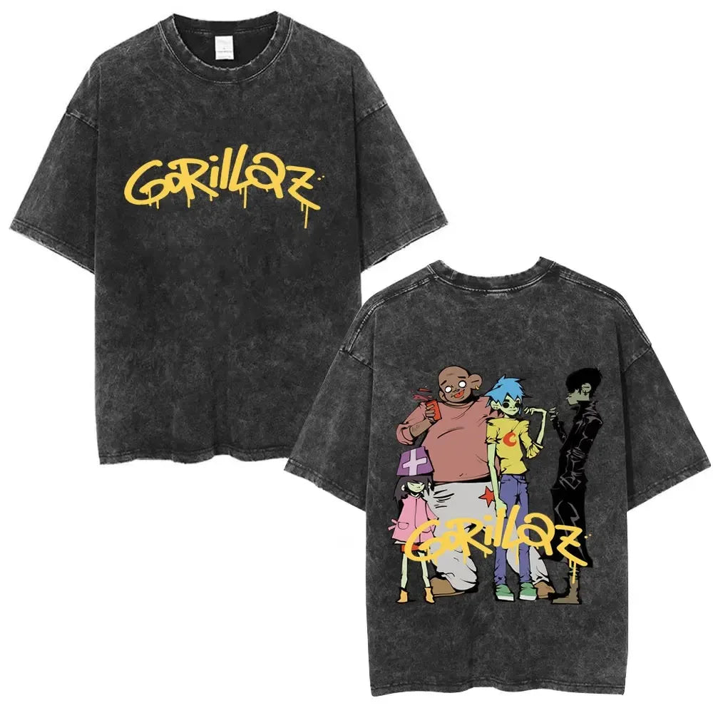 تي شيرت رجالي مطبوع عليه صورة فرقة روك كلاسيكية مغسولة من Gorillaz The Now Now، تي شيرت رجالي بتصميم قوطي بانك عتيق، فضفاض للجنسين