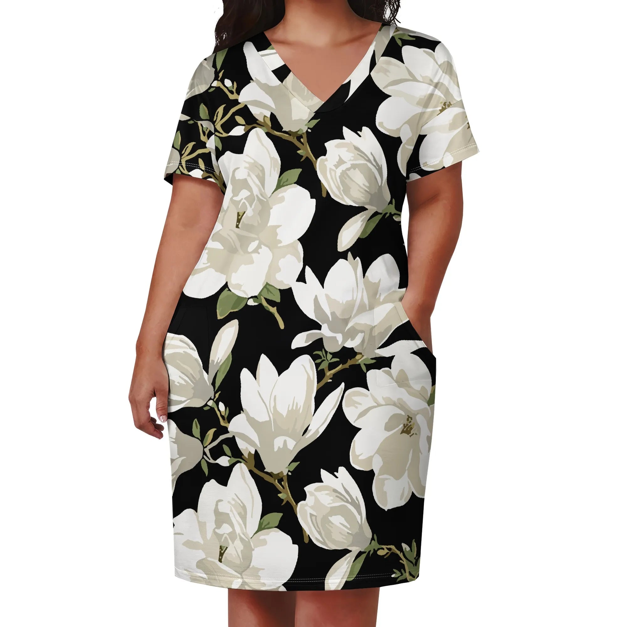 Plus Size Floral Print Dress for Women Summer V Neck Casual T Shirt Dress with Pockets Elegant Style