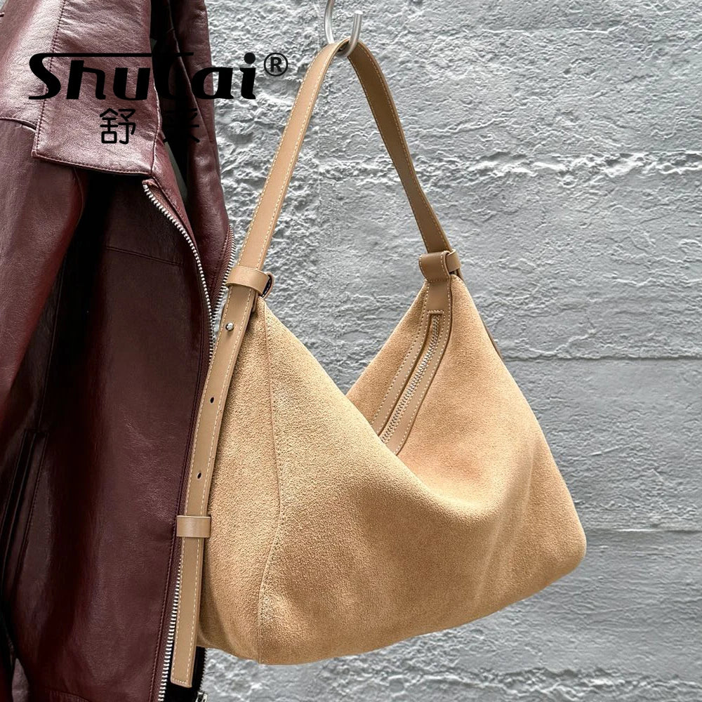 Genuine Grade Suede Leather Luxury Designer Large Capacity Women's Tote Bag Vintage Shoulder Crossbody Underarm Bags Trendy New