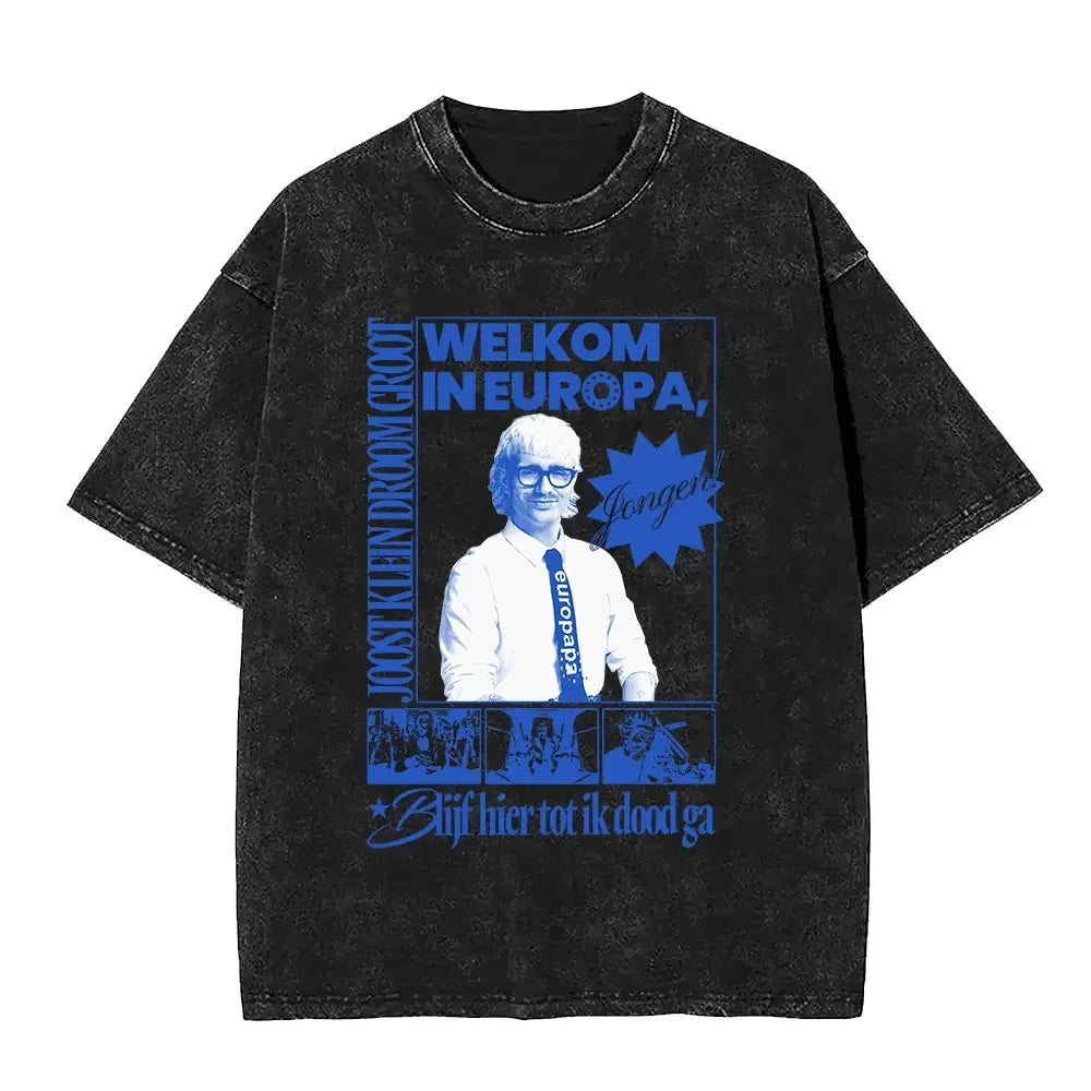 تي شيرت رجالي صيفي 2025 مطبوع عليه شعار جوست كلاين بتصميم ريترو مغسول، تي شيرت يوروبا، تي شيرت رجالي كاجوال من القطن الخالص بتصميم هيب هوب، مقاس كبير