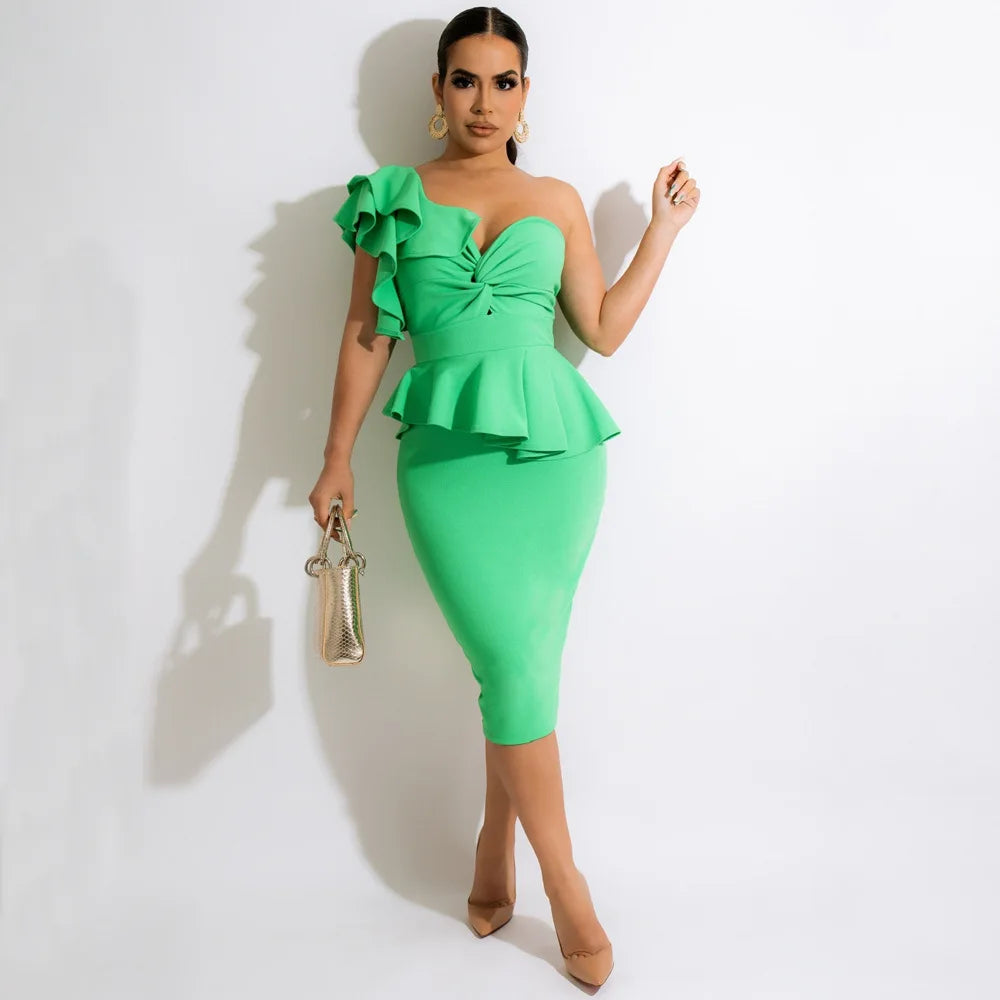 Sexy One Shoulder Design Bodycon Dresses Women Elegant Ruffle Short Sleeve Peplum Slim Slit Dress Fashion Party Office Vestidos