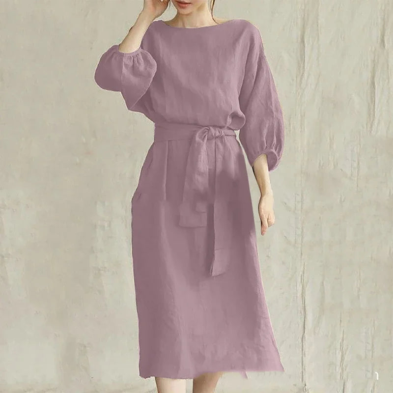 Women'S Vintage Long Sleeve High Waisted Tied Solid Color Round Neck Dress Elegant Long Sleeve Midi Dresses for Women with Belt