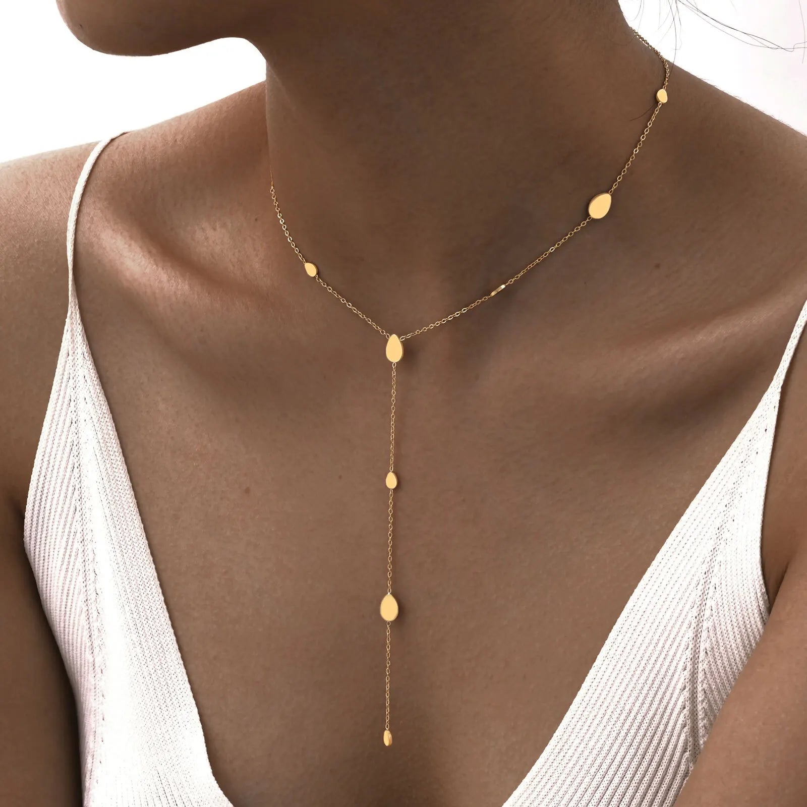 Heart Drop Lariat Chain Necklace For Women, Y Shape Long Chain Stainlss Steel 18K Gold Color  Layered Jewelry