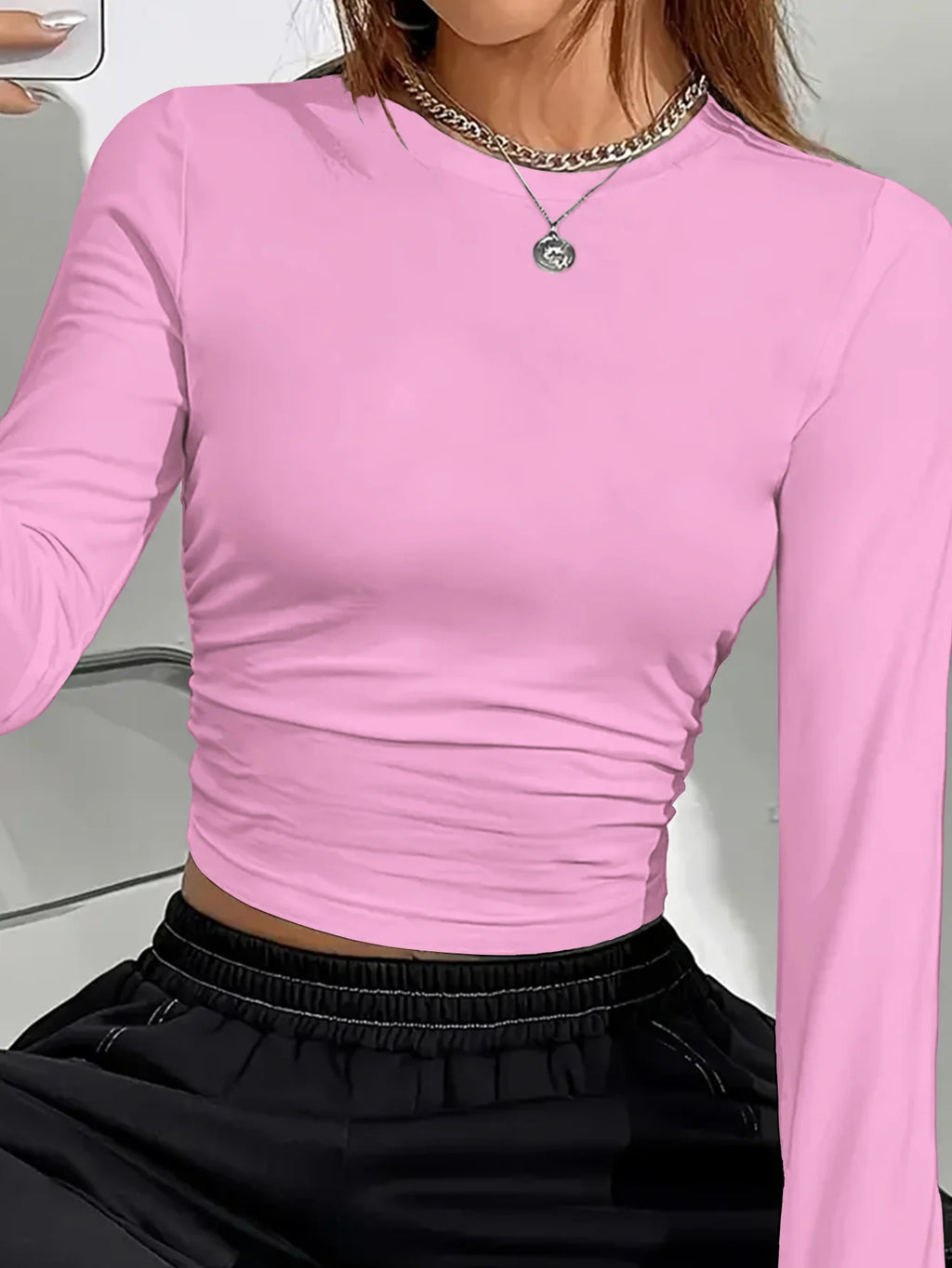 تيشيرت نسائي أنيق بأكمام طويلة ورقبة دائرية - قماش ناعم، مناسب للارتداء اليومي، بقصة ضيقة، ملابس نسائية لفصلي الربيع والخريف