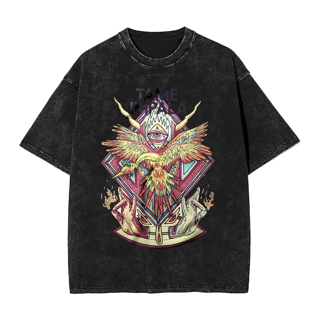 تي شيرت رجالي كاجوال فضفاض بأكمام قصيرة من القطن مطبوع عليه عبارة VintageWashed Pop Rock Band Tames Impala Current Graphic Print