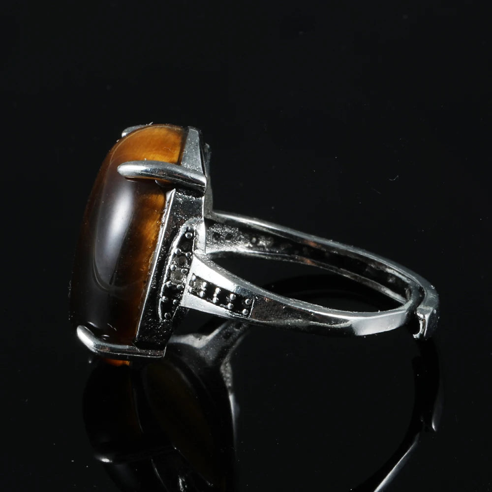 100% natural gemstone tiger-eye Retro style adjustable ring copper-plated silver ring for women men jewelry gift
