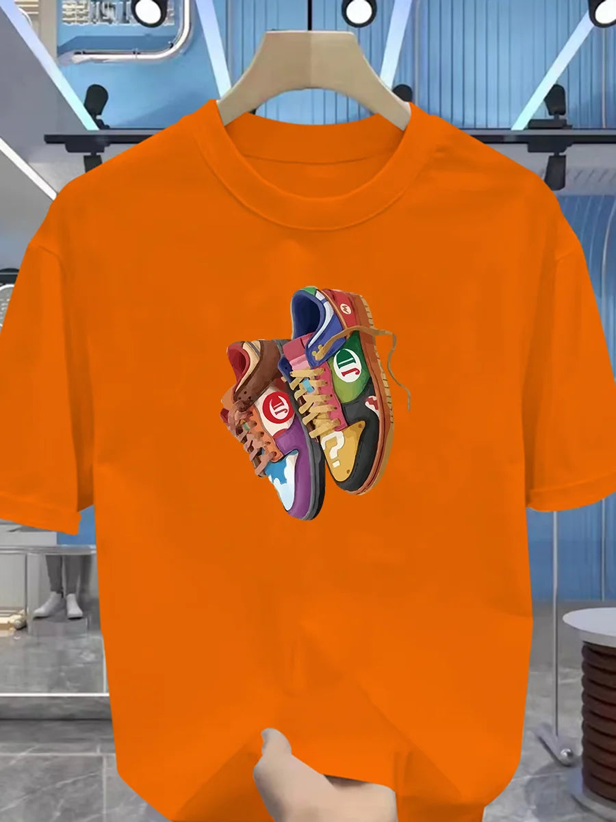 تي شيرت رجالي صيفي قطني - ماركة أزياء - نمط ملابس رياضية ضيقة - نمط عصري للمراهقين - حذاء مطبوع - بلوزة بأكمام قصيرة