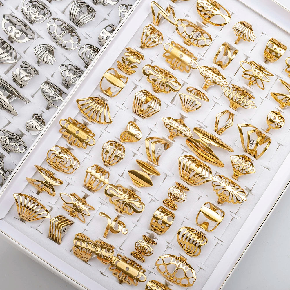 مجموعة من 20 قطعة من خواتم المجوهرات النسائية الأنيقة المصنوعة من الفولاذ المقاوم للصدأ، بأحجام كبيرة وصغيرة، بتصميمات مجوفة على شكل قلب وزهرة الحب، مثالية كهدية للحفلات.