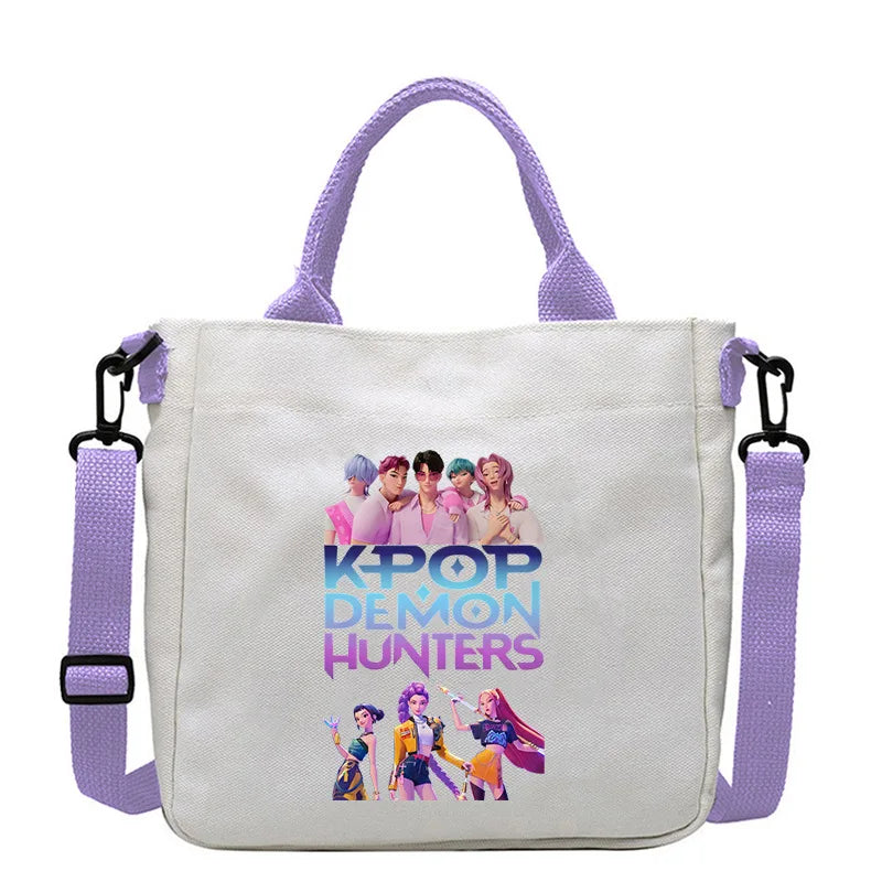 حقيبة قماشية للفتيات بتصميم صيادي أنمي شياطين من كيبوب، حقيبة يد مربعة أرجوانية بسيطة، حقيبة كتف متقاطعة، هدية عيد ميلاد