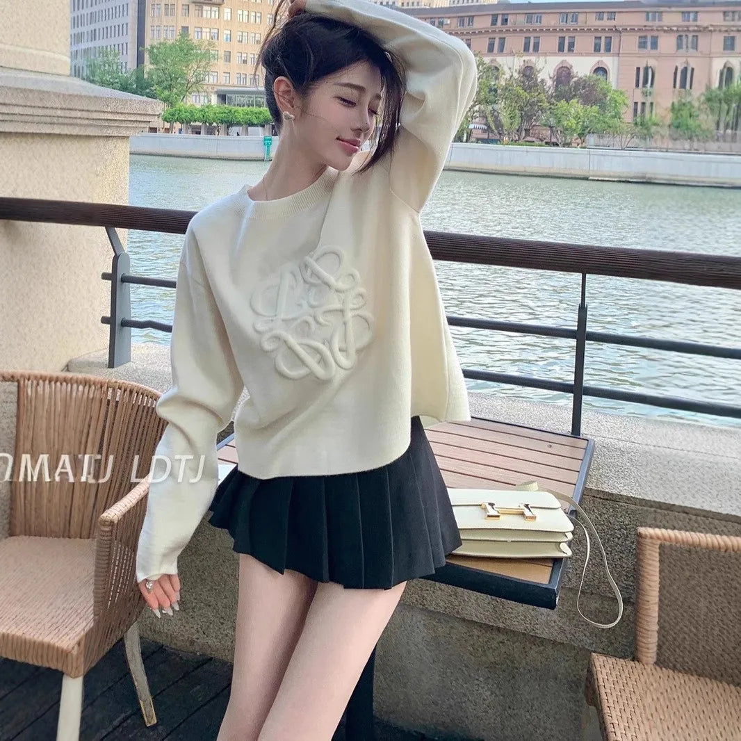 Ladies Casual Knitted 3D Embossed Hoodie Sweater Comfortable Midweight Long Sleeve round Neck Cotton Leisure Style