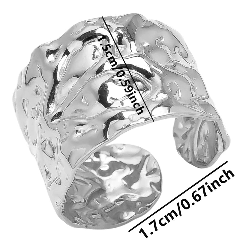 خاتم واحد من الفولاذ المقاوم للصدأ، مقاوم للماء، بتصميم مميز، مفتوح، ذو ملمس بارز، بتصميم عتيق مجوف وغير منتظم، متعدد الطبقات.