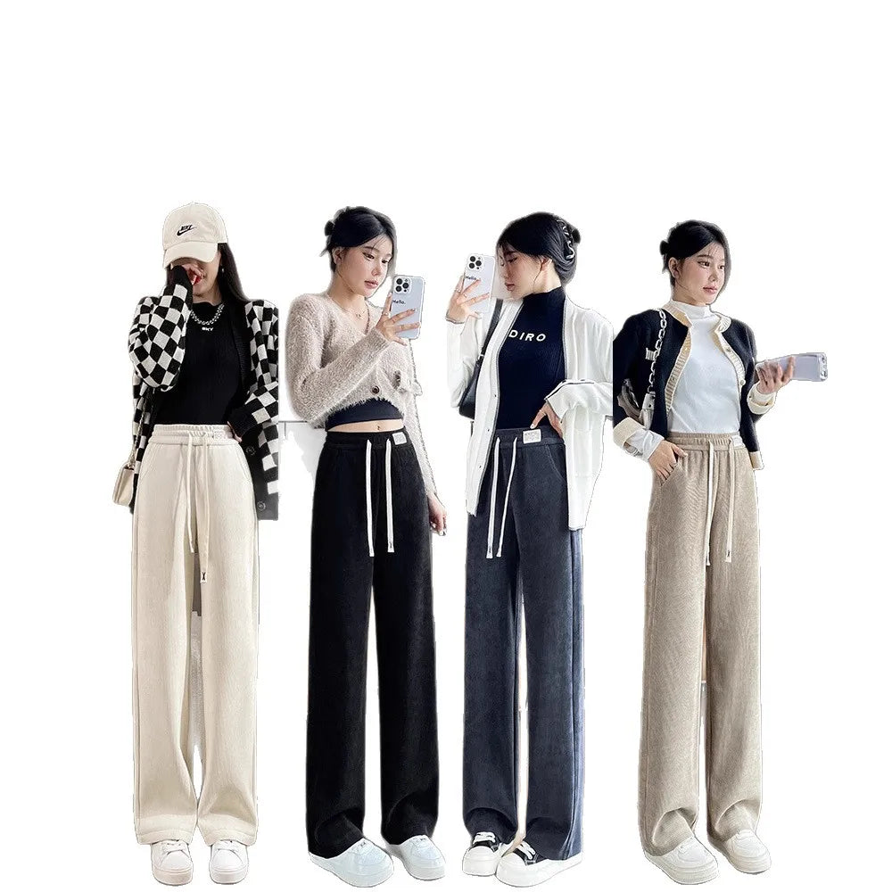 Fleece Lined Wide Leg Pants Women's Slim Straight Thick Corduroy Trousers Spring Autumn Winter New Style High Waist Long Pants