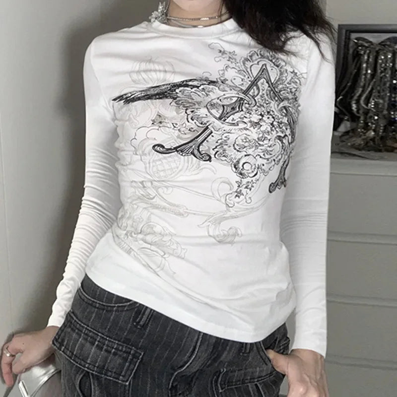 90s Vintage E-girl Emo Clothes Fires Graphic Print Y2K Grunge T-shirt Women Harajuku Retro Long Sleeve Tee Goth Punk Streetwear