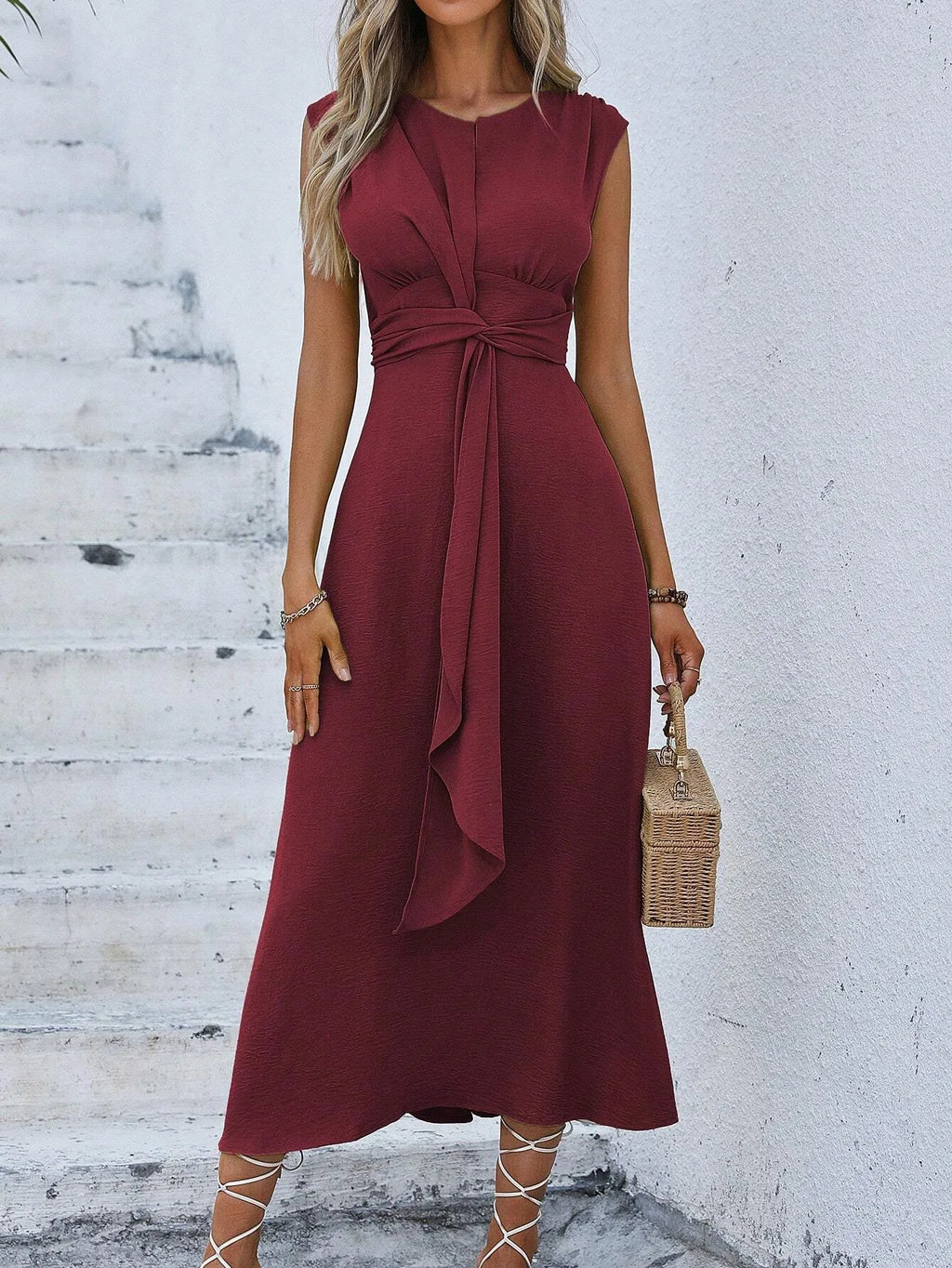 Women's Solid Color A-Line Dress Sleeveless Front Thin Straps Elegant Belted Midi Dress for Summer