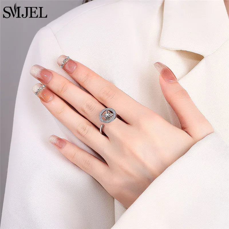 خاتم فاخر مضاد للقلق والاسترخاء للنساء، مرصع بالكريستال على شكل زهرة ونجمة وقمر، مصنوع من المعدن والنحاس، مع حلقة دوارة لتخفيف التوتر، هدية مجوهرات