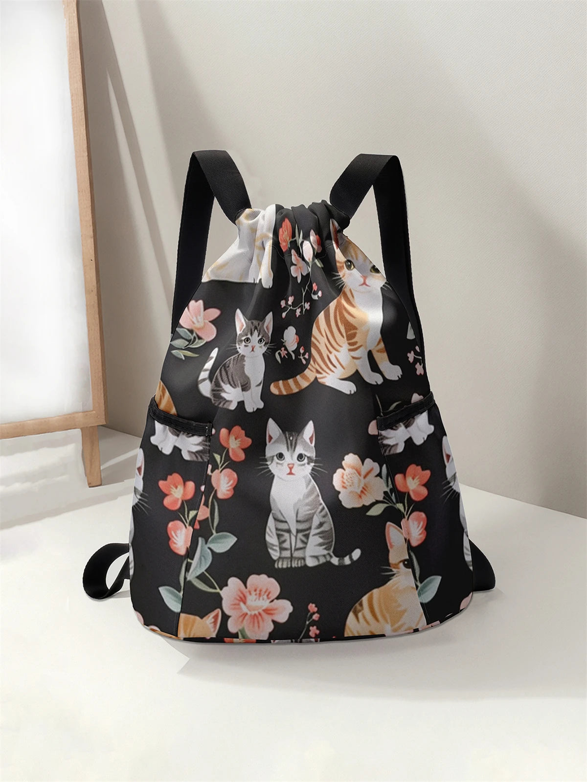 حقيبة ظهر برباط مطبوع عليها نمط قطة لطيفة - حقيبة لياقة بدنية متينة بسعة كبيرة، حقيبة ظهر رياضية للشاطئ