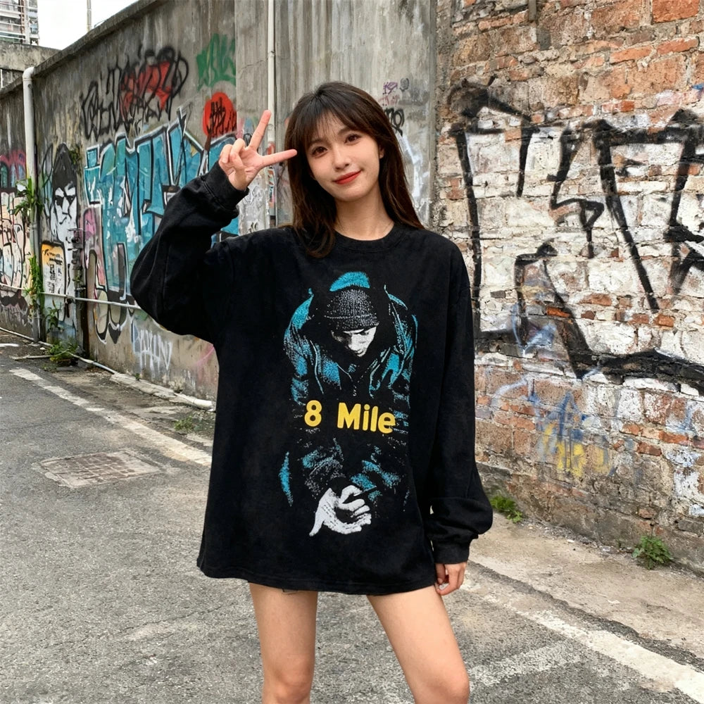 تي شيرت رجالي عتيق برسومات مطبوعة على الطراز الأمريكي من KUCLUT 8mile Fashion بأفضل جودة ومقاس كبير وأكمام طويلة