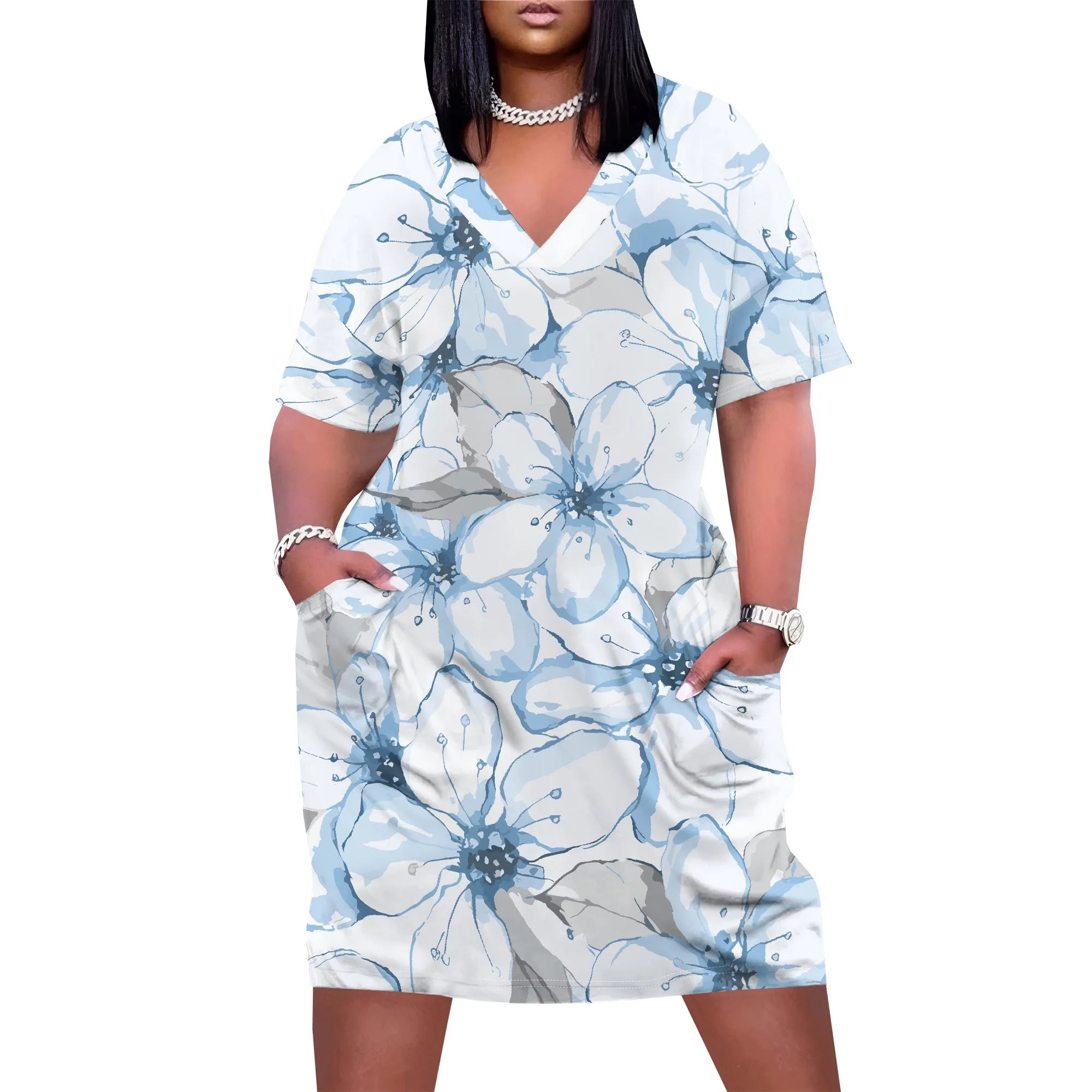 Plus Size Floral Print Dress for Women Summer V Neck Casual T Shirt Dress with Pockets Elegant Style
