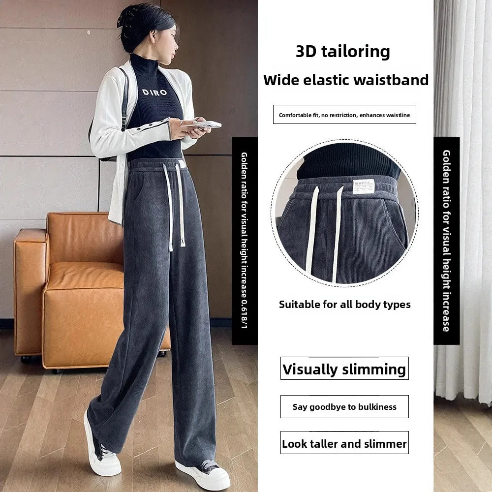 Fleece Lined Wide Leg Pants Women's Slim Straight Thick Corduroy Trousers Spring Autumn Winter New Style High Waist Long Pants
