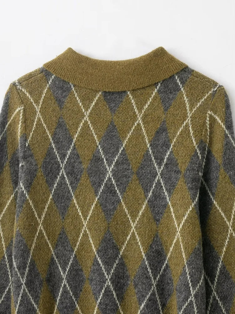 سترة كارديجان قصيرة محبوكة بنقشة ماسية وياقة بولو للخريف للنساء بأزرار مزخرفة سترة نسائية كاجوال