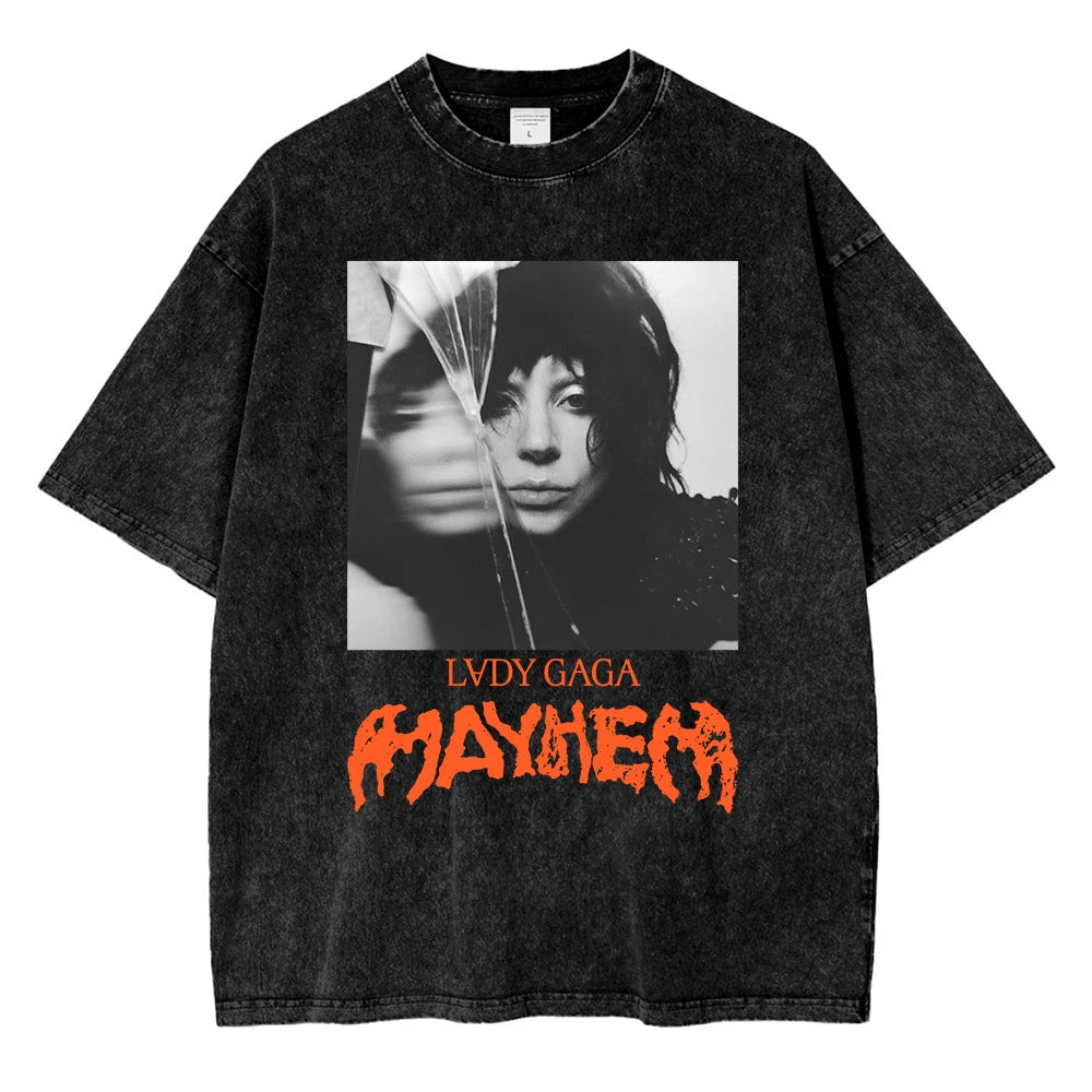 تي شيرت كلاسيكي مغسول من ليدي غاغا، جولة مايهم بول 2025، أزياء رجالية/نسائية، جودة عالية، غسيل حمضي، قطن 100%