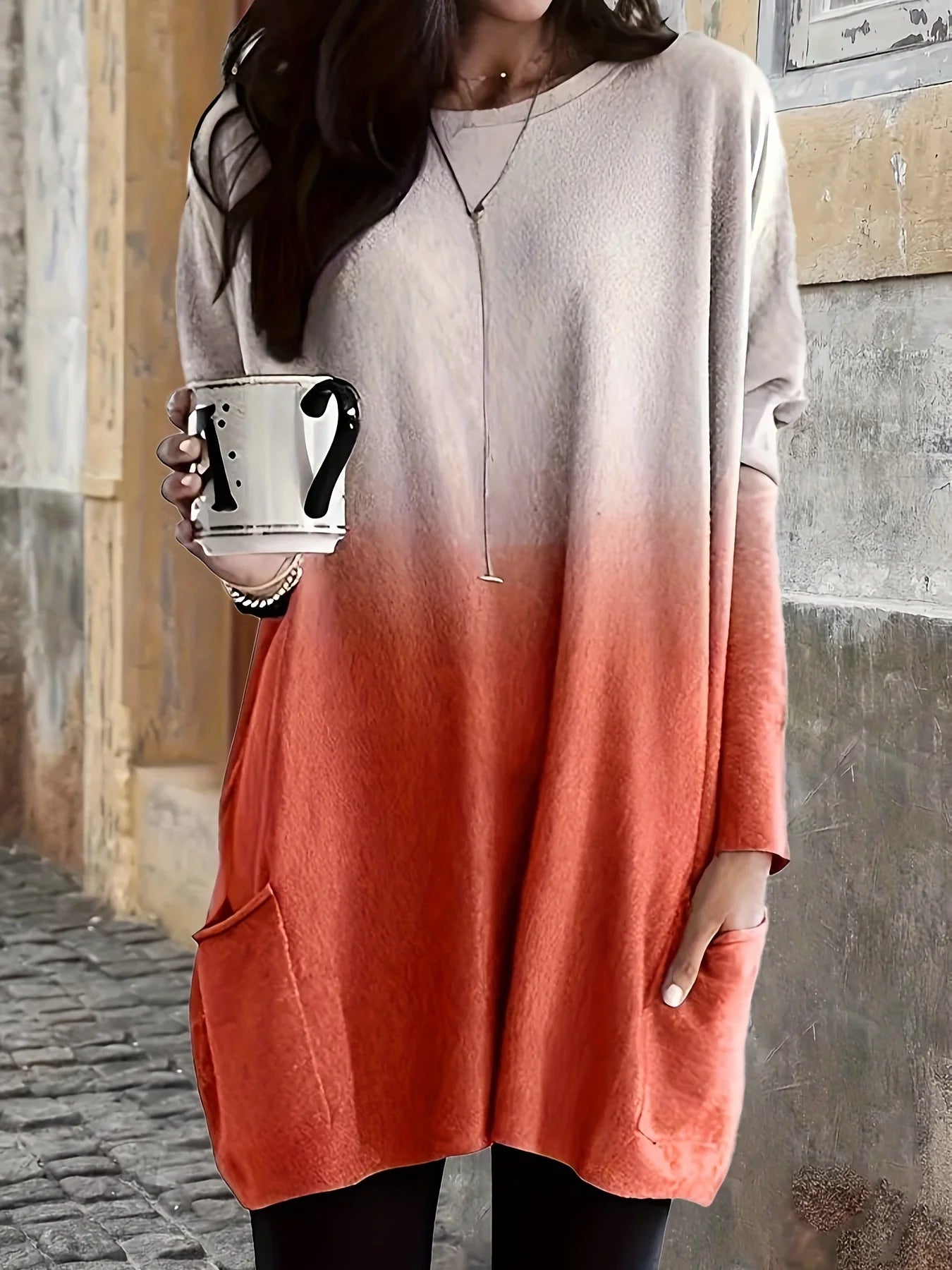 Fall/Winter New Fashionable Elegant Gradient Print Casual Crew Neck Pocket Plus Size Women's Long T-Shirt Top