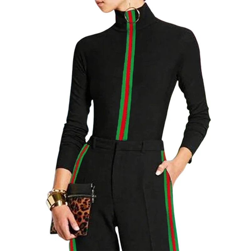 2025 Fashion Women's Clothes Long Sleeves Skinny Contrast Color Striped High Neck T-Shirts Casual Y2k Female Tops